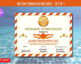 May include: A printable swimming achievement certificate with an orange and white striped border. The certificate is for James Benjamin Lee, who has the best technique this year. The certificate is 11 inches by 8.5 inches.
