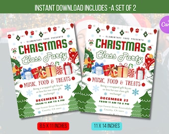 May include: Two printable Christmas party invitations with a red and green color scheme. The invitations feature a festive design with presents, candy canes, and Christmas trees. The text on the invitations reads "Christmas Class Party" and includes details about the event, such as the date, time, and location. The invitations are available in two sizes: 8.5 x 11 inches and 11 x 14 inches.