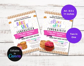 May include: A colorful flyer for a bake sale fundraiser at Sacred Heart Elementary School. The flyer features a pink and green 'Bake Sale' banner, a cupcake and cookies, and the date and time of the event: Friday, September 28th, 2:00pm - 5:00pm. The flyer also lists the types of baked goods that will be available, including cookies, brownies, cakes, donuts, and pie.