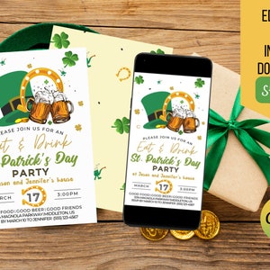 Faire-part de fête de la Saint-Patrick - Invitation de fête de la Saint-Patrick Shamrock 5 x 7" & A4, modèle de téléphone" PDF instantané modifiable, JPG ou PNG