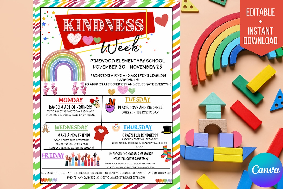 Kindness Week Itinerary Flyer, Diversity Inclusion, Printable Editable