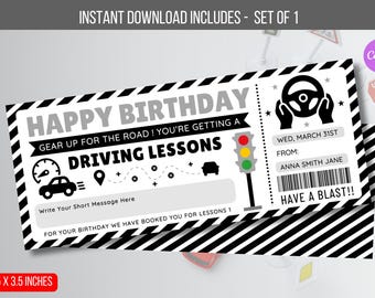 EDITABLE Driving Lesson Gift Voucher, Birthday Surprise Driving School Gift Voucher Ticket, Voucher Ticket, Teen Gift Idea Learn To Drive