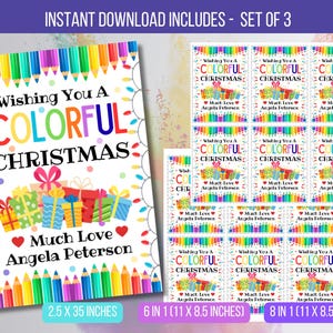 May include: A set of Christmas-themed printable cards with the text "Wishing You A Colorful Christmas." The design includes colorful pencils, gift boxes, and the message "Much Love Angela Peterson." The set includes cards in 2.5 x 35 inches, 6 in 1 (11 x 8.5 inches), and 8 in 1 (11 x 8.5 inches).