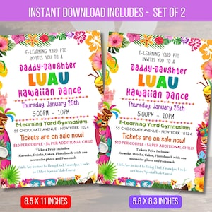 May include: Two printable invitations for a Daddy-Daughter Luau Hawaiian Dance. The invitations are decorated with tropical flowers, palm trees, and a tiki mask. The event is scheduled for Thursday, January 26th from 5:00 PM to 10:00 PM at the E-Learning Yard Gymnasium. Tickets are on sale now for $10 per couple and $4 per additional child. The event includes karaoke, drinks, cakes, a photo booth with a souvenir photo and face mask.