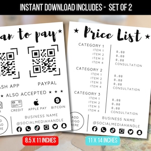 Op de afbeelding: Set van twee afdrukbare borden. Eén bord zegt "Scan to pay" met QR-codes voor Cash App en PayPal. De andere is een sjabloon voor een prijslijst. Beide borden zijn zwart-wit en bevatten social media handles.