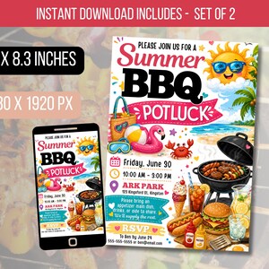 May include: A digital invitation for a Summer BBQ Potluck, featuring a cheerful sun with sunglasses, a flamingo float, and various BBQ food illustrations. The invitation is 5.8 x 8.3 inches and includes the text "INSTANT DOWNLOAD INCLUDES - SET OF 2".