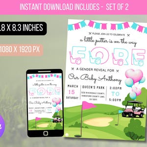 EDITABLE Golf Gender Reveal Par-tee Invitation, Golfing Coed Gender Reveal Party Invitation, He Or She, Boy Or Girl Reveal Instant Download