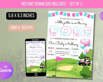 EDITABLE Golf Gender Reveal Par-tee Invitation, Golfing Coed Gender Reveal Party Invitation, He Or She, Boy Or Girl Reveal Instant Download