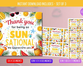 EDITABLE Thanks for Being Sun-sational, Thank You Tag Template, Tropical Themed Teacher Staff Employee   Appreciation, Favor Tag Download