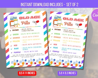 Pillole della vecchiaia modificabili, Oltre la collina, Etichetta regalo di compleanno, Regalo scherzoso divertente Regalo professionale per ufficio, Regalo di compleanno Download immediato