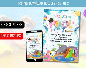 BEWERKBARE uitnodiging afstuderen Pool Party Bash, Graduation Party voor meisjes en jongens, Summer Pool Splash Celebration digitale Instant Download