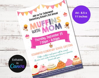 Muffins editables con mamá, invitación para el Día de la Madre, recaudación de fondos para madres de la escuela, brunch del Día de la Madre de la PTA/PTO
