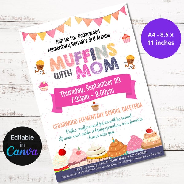 Editable Muffins With Mom, Mother's Day Invitation, School Mom Appreciation Fundraiser, PTA/PTO Mother's Day Brunch