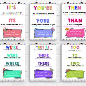 English Grammar Punctuation Posters, English Classroom, Middle High School, Homophones Printable, Classroom Decor High School English.