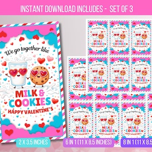 May include: Valentine's Day digital download set featuring a milk and cookie design with heart-shaped sunglasses. The set includes cards in various sizes, with the text "We go together like Milk & Cookies Happy Valentine's". The main card is 2 x 3.5 inches.