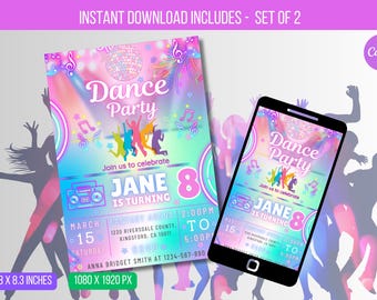 EDITABLE Dance Party Invitation, Neon Dance Party Invitation, Glow Tie Dye Dance Party Neon Glow Disco Dance Party Instant Download