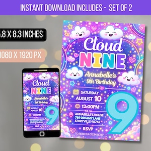May include: A digital invitation set for Annabelle's 9th birthday, featuring a colorful design with the text "Cloud Nine". The invitation is 5.8 x 8.3 inches and 1080 x 1920 px, with a matching phone screen display.