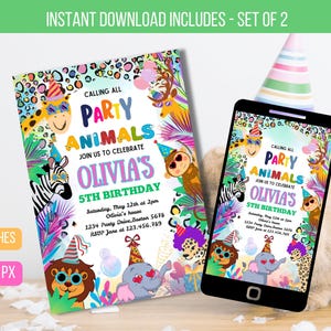 Editable Party Animals Birthday Invitation, Birthday Party Invitation with Rainbow Cheetah Print, Leopard Print, and Wild Safari Animals