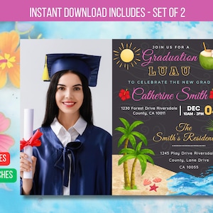 Editable Luau Graduation Invitation, High School Senior Graduate, Chalkboard Printable College Graduate Tropical Invite Download