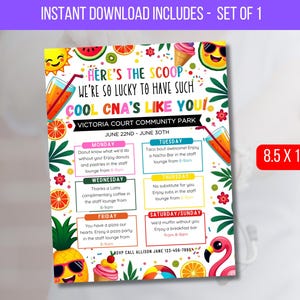 Puede incluir: Un folleto colorido con el texto "Here's the Scoop, We're so lucky to have such Cool CNA's like you!" y un calendario de eventos. El folleto incluye ilustraciones de frutas, bebidas y un flamenco. El folleto mide 21,59 x 27,94 cm.