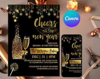 May include: A black and gold New Year's Eve party invitation with a champagne bottle and glass graphic. The text reads "Cheers to the new year" and "The Wayne Home" with the date and time of the party.