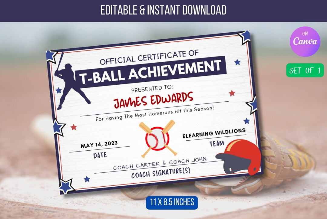 EDITABLE Tball Award Certificate Template, Baseball Team Awards, League Printable