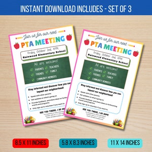 May include: Printable flyer for a PTA meeting at Rainwood Elementary School. The flyer is pink, yellow, and blue with a chalkboard background. It includes the date, time, and a list of who is welcome to attend. The flyer is 8.5 x 11 inches.