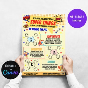 Peut inclure: Une affiche jaune et rouge sur le thème des super-héros encourage les parents à rejoindre la PTO de l'école élémentaire Pinewood. L'affiche énumère trois façons d'aider : faire du bénévolat, faire un don et rejoindre la PTA. L'affiche comprend le texte "Vous avez le pouvoir de faire des choses extraordinaires pour les enfants de l'école élémentaire Pinewood en rejoignant la PTO."