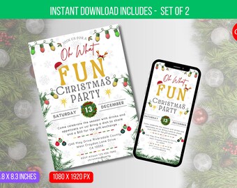 May include: A printable Christmas party invitation with a festive design featuring a wreath, lights, and snowflakes. The invitation reads "Oh What Fun Christmas Party" with the date and time of the party. The invitation is available in two sizes: 5.8 x 8.3 inches and 1080 x 1920 pixels.