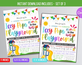Folleto editable de paletas heladas para el patio de juegos, folleto de paletas heladas en el patio de juegos, folleto imprimible de regreso a clases para conocer al maestro, descarga instantánea