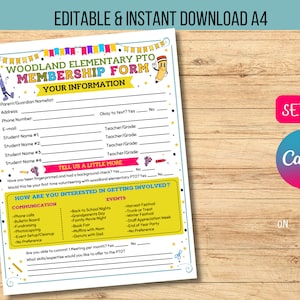 Printable/Editable PTO PTA Membership Form, Pto/pta Parent Volunteer Sign Up Form Template, Back to School Recruitment, CANVA Template