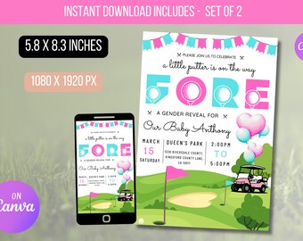 EDITABLE Golf Gender Reveal Par-tee Invitation, Golfing Coed Gender Reveal Party Invitation, He Or She, Boy Or Girl Reveal Instant Download