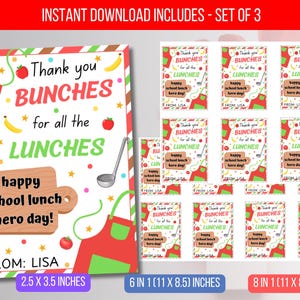 Può includere: Set di bigliettini stampabili per la schiscetta con il testo "Thank you bunches for all the lunches" e "Happy school lunch hero day!" in rosso, verde e giallo. Include formati di 6,35 x 8,89 cm, 6 in 1 (27,94 x 21,59 cm) e 8 in 1 (27,94 x 21,59 cm).