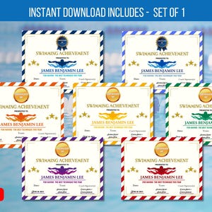 May include: Set of six printable swimming achievement certificates in different colors. Each certificate features a swimmer silhouette, stars, and the text "Swimming Achievement" and "James Benjamin Lee". The certificates are 11 inches by 8.5 inches.