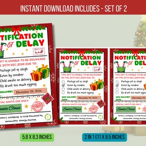 Etiqueta de notificação de atraso EDITÁVEL, Carta de presente de Natal do Papai Noel, Pacote de Natal atrasado Presente de Natal Download instantâneo