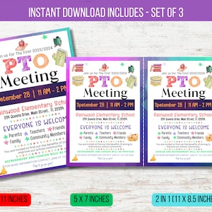 May include: Three printable invitations for a PTO meeting at Rainwood Elementary School. The invitations are in a colorful gradient design with a watercolor illustration of books and stars. The text on the invitations reads "Join us for the first 2023/2024 PTO Meeting, September 28, 11 AM - 2 PM". The invitations are available in three sizes: 8.5 x 11 inches, 5 x 7 inches, and 2 in 1 (11 x 8.5 inches).