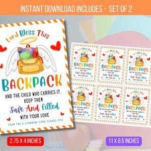 Pode incluir: Um conjunto de 2 cartões imprimíveis "Lord Bless This Backpack" com uma mochila amarela com asas e uma auréola. Os cartões medem 2,75 polegadas por 4 polegadas e fazem parte de um conjunto de 8 cartões que medem 11 polegadas por 8,5 polegadas.