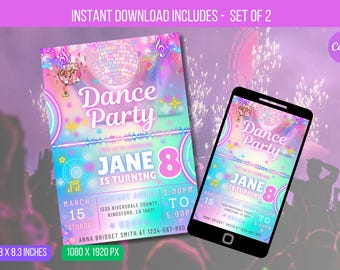 EDITABLE Dance Party Invitation, Neon Dance Party Invitation, Glow Tie Dye Dance Party Neon Glow Disco Dance Party Instant Download