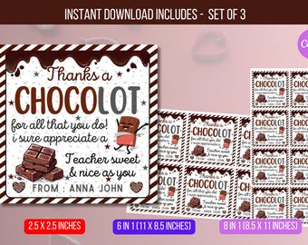 EDITABLE Thanks A Choco-Lot Teacher Appreciation Tag, Chocolate Gift Tag, Thank You Teacher School Staff Tag Template Instant Download
