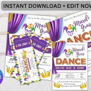 May include: Printable Mardi Gras dance party invitation with a purple and gold color scheme. The invitation features a jester mask, a crown, and a stage curtain. The text on the invitation reads "Join us for Mesa Elementary's Mardi Gras Dance".