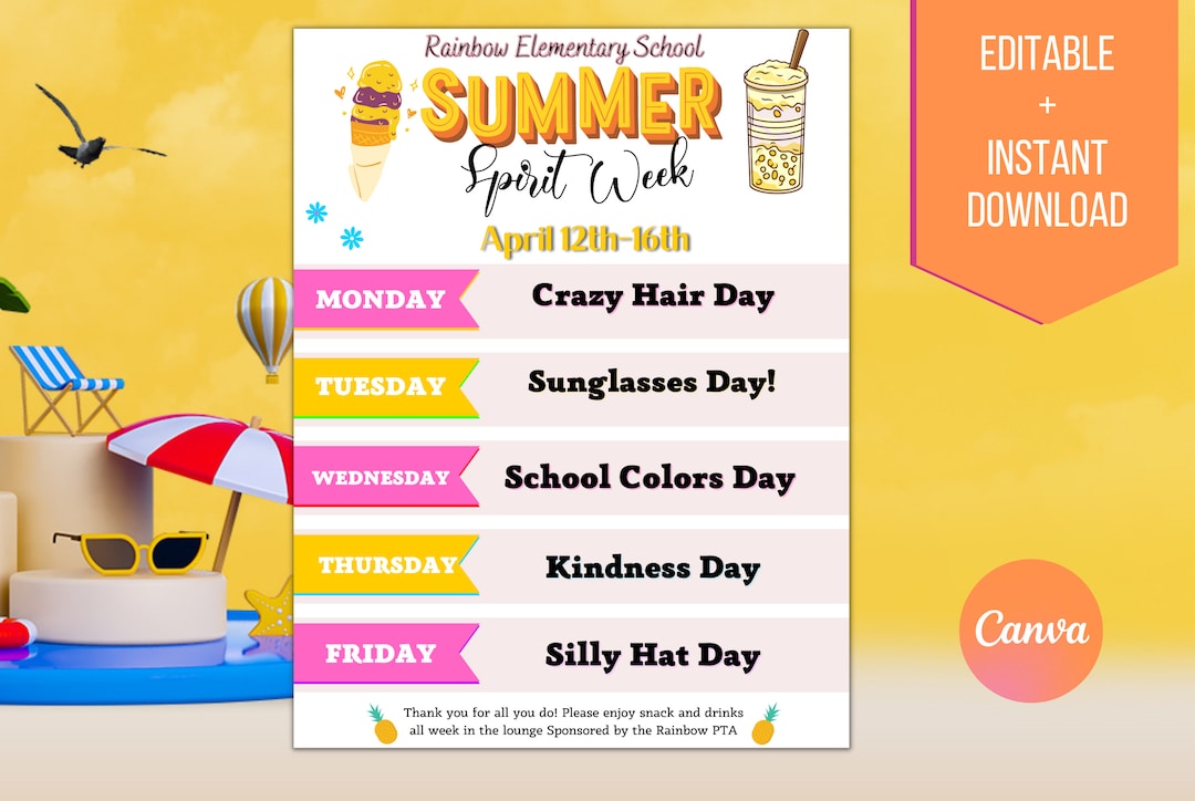Summer Spirit Week Editable Itinerary Schedule Printable DIY Spirit