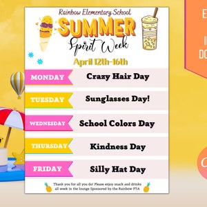 Summer Spirit Week Editable Itinerary Schedule | Printable DIY Spirit Week | School PTO/ PTA  Monthly Planner Flyer Instant Download