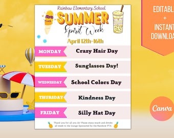 Summer Spirit Week Editable Itinerary Schedule | Printable DIY Spirit Week | School PTO/ PTA  Monthly Planner Flyer Instant Download