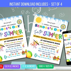 Op de afbeelding: Een set van vier printbare uitnodigingen voor een school's out zomerfeest. De uitnodigingen hebben een kleurrijk ontwerp met een strandthema en de tekst "School's Out for the Summer". De uitnodigingen zijn verkrijgbaar in vier formaten: 8,5 x 11 inch, 5,8 x 8,3 inch, 11 x 14 inch en 1080 x 1920 pixels.