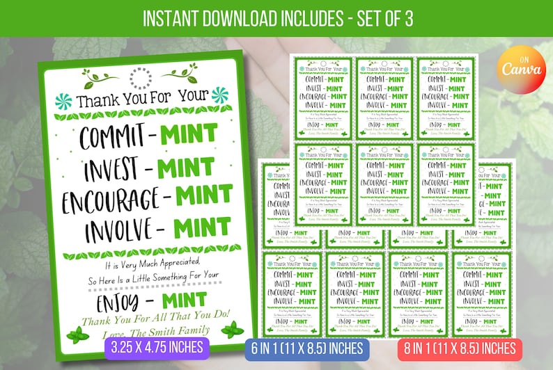 EDITABLE Thank You Mint Tags, Thank You for Your Commitment Gift ...
