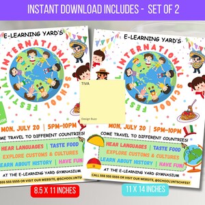 May include: Two colorful flyers promoting an international school festival. The flyers feature illustrations of children around a globe, with text including "Hear Languages," "Taste Food," and "Explore Customs & Cultures." The flyers are 8.5 x 11 inches and 11 x 14 inches.