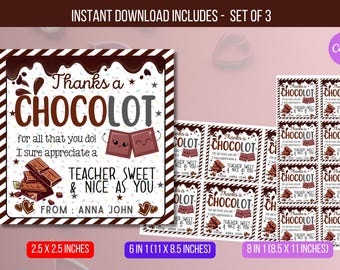 EDITABLE Thanks A Choco-Lot Teacher Appreciation Tag, Chocolate Gift Tag, Thank You Teacher School Staff Tag Template Instant Download