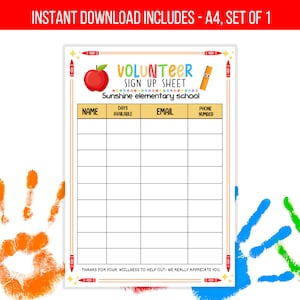 EDITABLE Teacher Volunteer Sheet, School Pto Pta Sign up Sheet, Volunteer Back to School Printable, Classroom Help Events, INSTANT DOWNLOAD