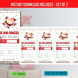 May include: Christmas gift tags featuring a Santa Claus angel design. The tags say "Be an Angel This Christmas" and have fields for details like name and sizes. The set includes tags in two sizes: 7.6 x 17.8 cm and 4 in 1 (21.6 x 27.9 cm).
