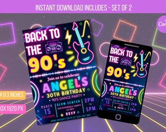EDITABLE Back to the 90s Birthday Invitation, Ecard, Birthday Invitation, 90s Digital Invitation,  Invitation Retro Instant Download